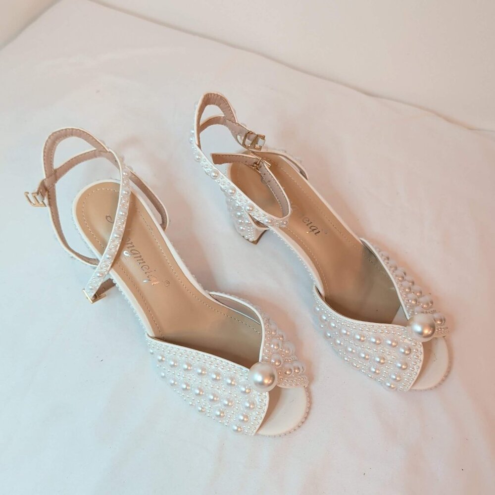 Sacaria Pearl Embellished Strappy Wedding Block Heels - Picture 10 of 11